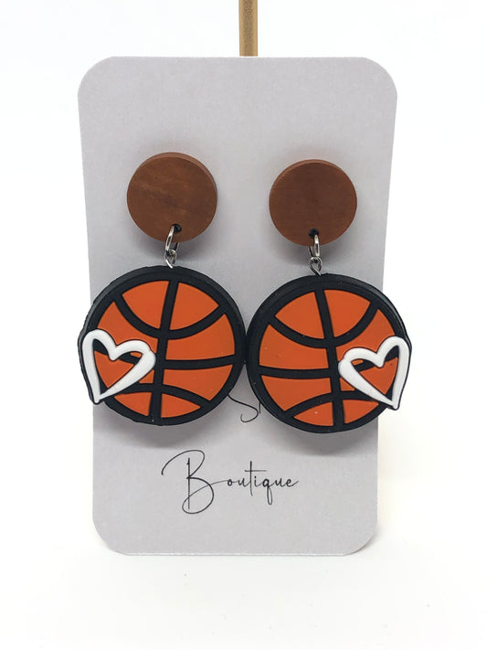 Basketball earrings-dangles-brown wood posts-heart