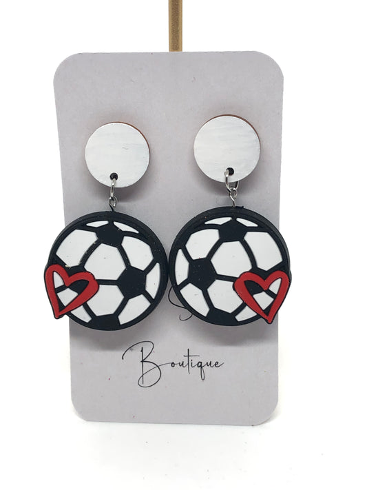 Soccer earrings-dangles-white posts-heart