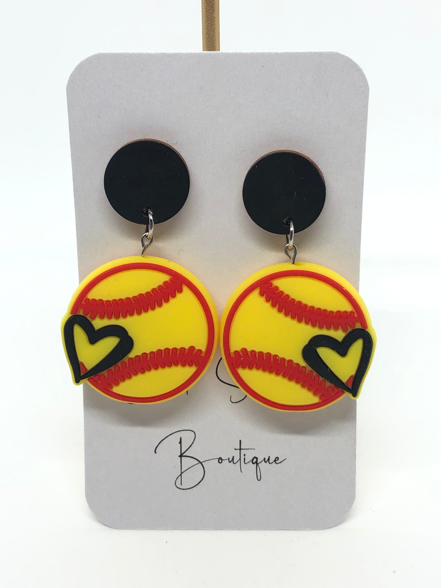 Softball earrings-dangle-black posts-heart