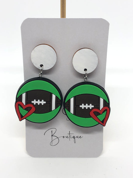 Football earrings-dangles-white posts-heart