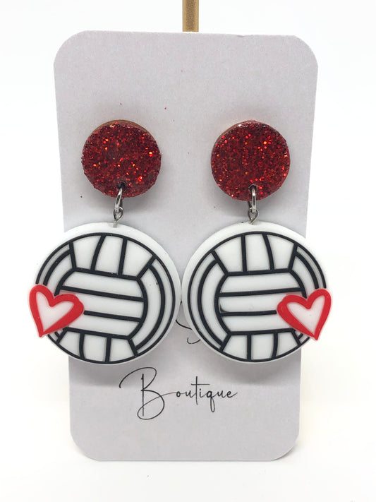 Volleyball earrings-dangle-red sparkle posts-heart